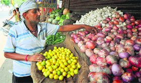 Kamlesh Pal, the vegetable vendor, who alleged highhandedness at the hands of the MC officials, at his shop in Ludhiana on Tuesday.
