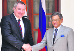 Russian Deputy Prime Minister Dmitry Rogozin (L) with Foreign Minister SM Krishna in New Delhi on Tuesday. Tribune photo: Mukesh Aggarwal