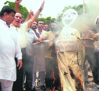 Congress activists burn an effigy of the state government in Jalandhar on Tuesday