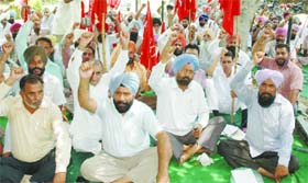 Employees of Powercom hold a protest against the state government in Amritsar on Wednesday