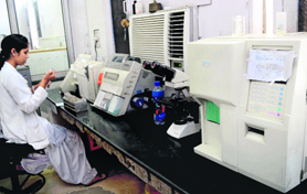 A view of the non-functional cell counter at the diagnostic laboratory of Government Multi-Speciality Hospital at Sector 16 in Chandigarh.