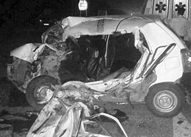 The mangled remains of a car that was hit by a vehicle on the Ambala- Chandigarh highway at Dera Bassi. Two persons were killed in the accident on Tuesday night.