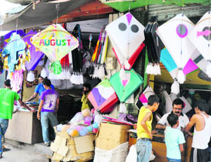 Colourful kites on display at shops in Jammu.