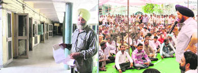 Avtar Singh, a city resident, who had come to submit an RTI application at the MC's Zone A office seen disappointed; and (right) Mayor Hakam Singh Giaspura addresses the MC employees in Ludhiana on Wednesday. 