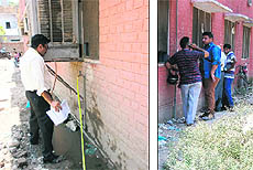 Applicants have to cross puddles of stagnant water and stand amidst growth of wild weeds at the counters for the public at the offices at Gwalimandi area in Amritsar.