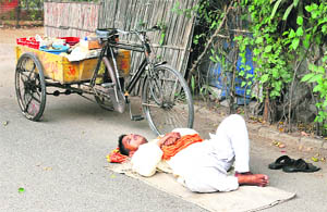 A fruit vendor takes rest in the afternoon at a residential colony in Chandigarh.