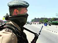A security personnel outside the civil secretariat in Srinagar which was targeted by militants on Wednesday