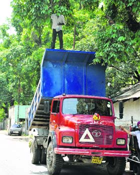 An MC employee picks berries from a tree by climbing atop a tipper after parking it in the middle of the Bhagwati Nagar road, near Canal, in Jammu