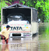 A truck stuck on a road near the CTU workshop in Industrial Area, Phase I, Chandigarh.