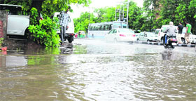 A street flooded with rainwater in Sector 21 on Friday.