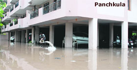 A resident of a society at Sector 20 in Panchkula drains out water on Friday.