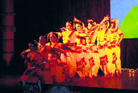 Students of Army Public School, Clementown, perform Saraswati Vandana during their annual function in Dehradun on Friday.