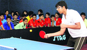 A match in progress during the Dehradun District Table Tennis Championship on Friday.