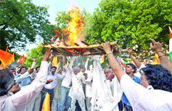 Supporters of Balakrishnan, Baba Ramdevs aide, burn an effigy of the 