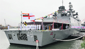 INS Sahyadri during its commissioning in Mumbai on Saturday.  PTI