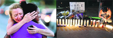(Left) Women mourn the loss of a relative near the theatre; A makeshift memorial for victims of the attack in Aurora. 