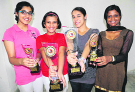 Winners of the Chandigarh Womens Chess Championship 2012 (from left) Goyal Arunima, Tarini Goyal, Simranjeet Kaur and Shweta with their trophies at St Xaviers Senior Secondary School, Sector 44, Chandigarh, on Sunday.
