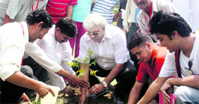 Planning and Sports Minister Dinesh Agarwal plants a sapling at the Race Course park in Dehradun on Sunday.