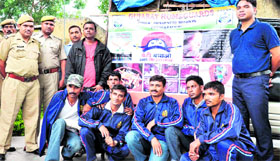Gujarat Home Guards being welcomed by their Uttarakhand counterparts in Haridwar on Sunday.
