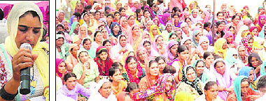 Woman sarpanch Sushma Bhadu addresses a mahapanchayat (right) against female foeticide at Dhani Mian Khan in Fatehabad on Sunday
