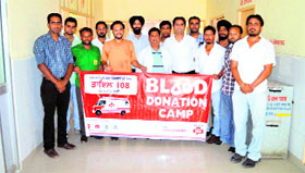 Crew members of Ambulance 108 after donating blood during a camp at Lord Mahavir Civil Hospital in Ludhiana on Sunday.