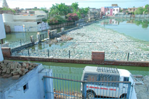 A view of Patel Nagar that remains submerged in sewerage water, in Abohar. 