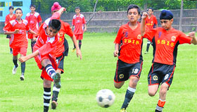 Players in action during a match of the Pre-Suborto Cup Football Tournament at the football stadium in Sector 17, Chandigarh, on Monday.