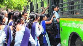 Students try to board an overcrowded CTU bus outside Government Model Senior Secondary School, Sector 18, where Anupama met with an accident a few days ago.