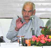 Education Minister ID Dhiman addresses a meeting in Hamirpur on Monday. 