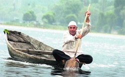 Smooth sailing: A man rows a boat on the serene waters of the Dal Lake in Srinagar. Tribune photo: Anand Sharma