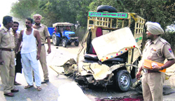 The mangled remains of the mini truck that collided with an army truck near Kartarpur in Jalandhar on Monday. Photo: Sarabjit Singh