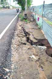 A kerb along the main road in Shaheed Bhagat Singh Nagar was damaged after a spell of heavy rain in Ludhiana on Monday. 