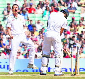 Dale Steyn celebrates Ravi Boparas wicket on Day Five of the first England-South Africa Test match at The Oval on Monday.