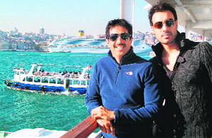 Punjabi actor Gavie Chahal(R) along with director Kabir Khan on the sets of Ek Tha Tiger.