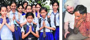 Students of GMSSS-18 pray for Anupama; and (right) her father breaks down outside the PGI mortuary in Chandigarh.