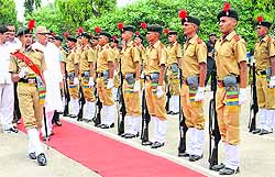 Chief Minister Bhupinder Singh Hooda inspects the guard of honour during the 52nd Founders Day celebrations of Sainik School, Kunjpura, Karnal, on Tuesday.
