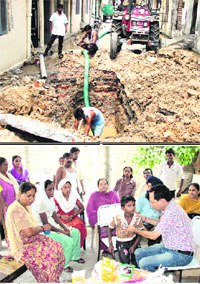 Municipal Corporation men at work; and (below) a Health Department team checks patients in the Abadpura locality in Jalandhar on Tuesday.