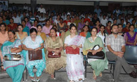 Teachers and students during the special assembly held on the first day of the academic session at the Government Rajindra College in Bathinda on Wednesday.  
