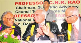 (From left) Prof CNR Rao, Chairman, Scientific Advisory Council to the Prime Minister of India; Kapil Sibal, Minister for Human Resource Development, Government of India, and Prof RA Mashelkar, Chairman, Board of Governors, IISER, on the first convocation of the Indian Institute of Scientific Research in Mohali on Wednesday