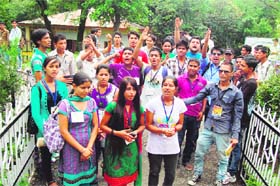 ABVP activists hold a protest in support of their demands in Dharamsala on Wednesday