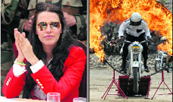 Actor Neha Dhupia is all smiles at the function; an Army daredevil jumps through a ring of fire.