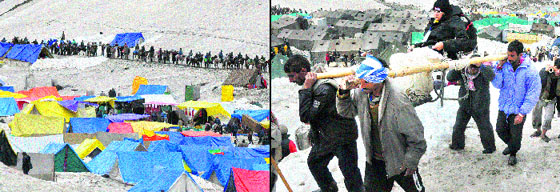 Pilgrims on way to the Amarnath cave shrine; and (right) pilgrims being carried on palkis to the cave shrine. 
