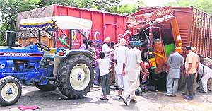 The accident site where two trucks collided on the Malsian-Lohian highway near Seecchewal village in Jalandhar