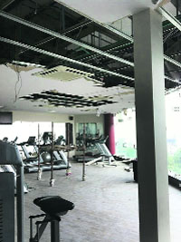The ceiling of the gym which was damaged following rain on Monday. The matter came to light only on Wednesday.