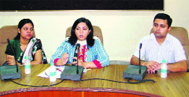 Dr Neeru Katyal Gupta, ADC (D), addresses a meeting of heads of colleges, universities and other higher educational institutes in Ludhiana on Wednesday. 