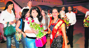 Passengers of the maiden Yerevan-Amritsar flight being welcomed at Sri Guru Ramdas Jee International Airport in Amritsar. 