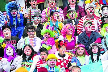 Clowns gather for a group picture during the inauguration of the fourth annual Latin American Clown Congress in Guatemala City. Clowns from Central America and South America and the Caribbean have gathered for three days to exchange ideas and attend workshops