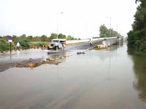 Water accumulated around the railway over-bridge (RoB) on the Abohar-Fazilka rail link after a breach in the Dangarkhera sub-canal on Wednesday. 