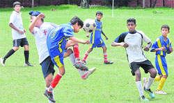 Players in action during the Pre-Subroto Mukherjee Football Cup for Boys (U-14) tournament at Sector 17 in Chandigarh on Thursday. Tribune photo: parvesh chauhan