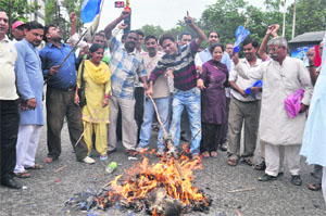 BSP workers burn an effigy of the Uttar Pradesh government in protest against the breaking of a statue of Mayawati in Dehradun on Thursday.